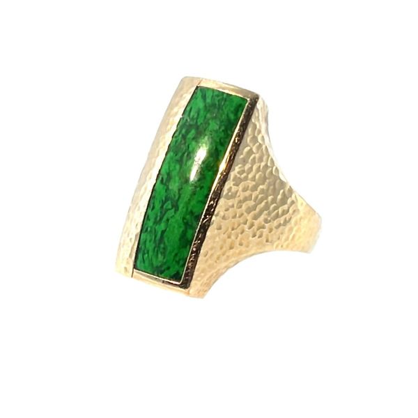 7, 14k YG Elongated Rectangle Hammered Statement Ring w/ Green Stone (Previously Owned) 15.30gr Image 2 Vaughan's Jewelry Edenton, NC