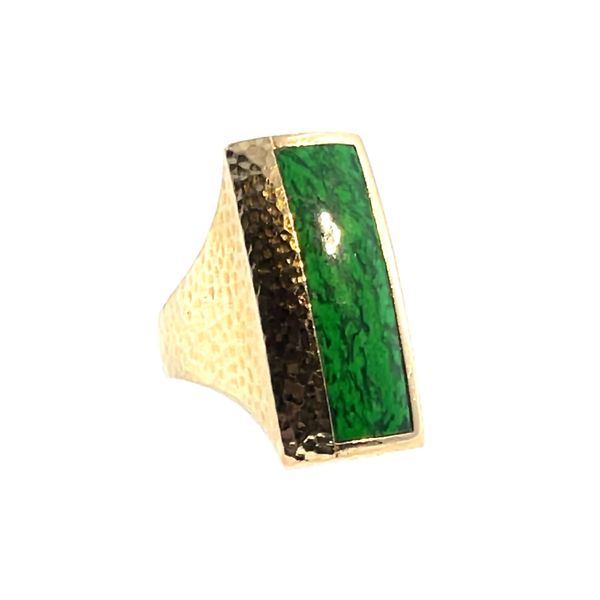 7, 14k YG Elongated Rectangle Hammered Statement Ring w/ Green Stone (Previously Owned) 15.30gr Image 3 Vaughan's Jewelry Edenton, NC