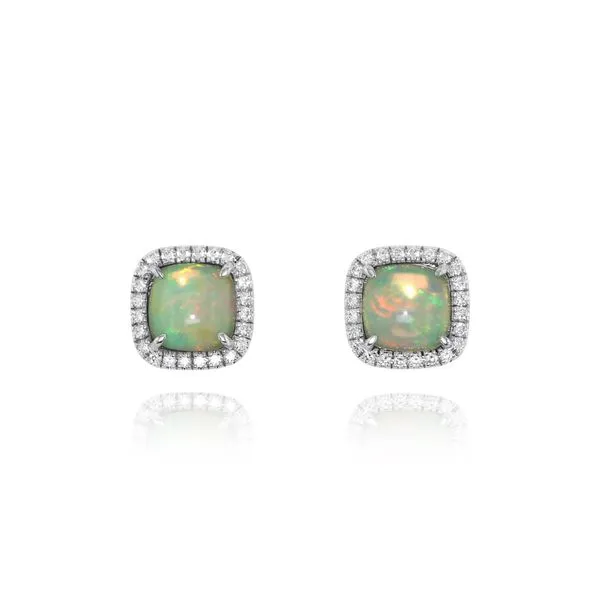 18k WG 2.75CTTW 2.40CT Cushion White Opal and 0.35CT Round Diamond Earrings Vaughan's Jewelry Edenton, NC