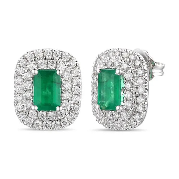14k WG 1.27TGW 0.70ct Emerald Cut Emerald and Diamond Halo Stud Earrings Vaughan's Jewelry Edenton, NC