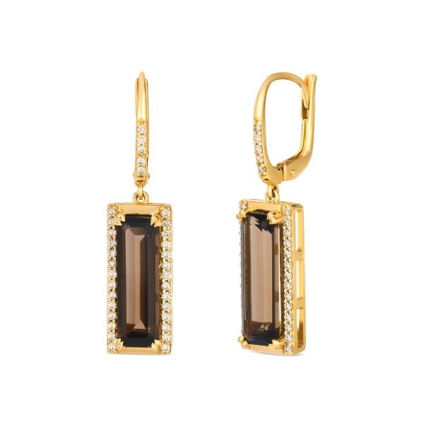 14k Honey Gold 4.62CTTW Elongated Emerald Cut Chocolate Quartz & 0.37CTTW Nude Diamonds Dangle Earrings Vaughan's Jewelry Edenton, NC