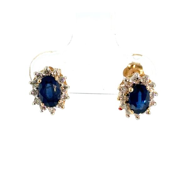14k YG 1.45CTTW 1.20CT Oval Sapphire & 0.25CTTW Dia Halo Stud Earrings Vaughan's Jewelry Edenton, NC