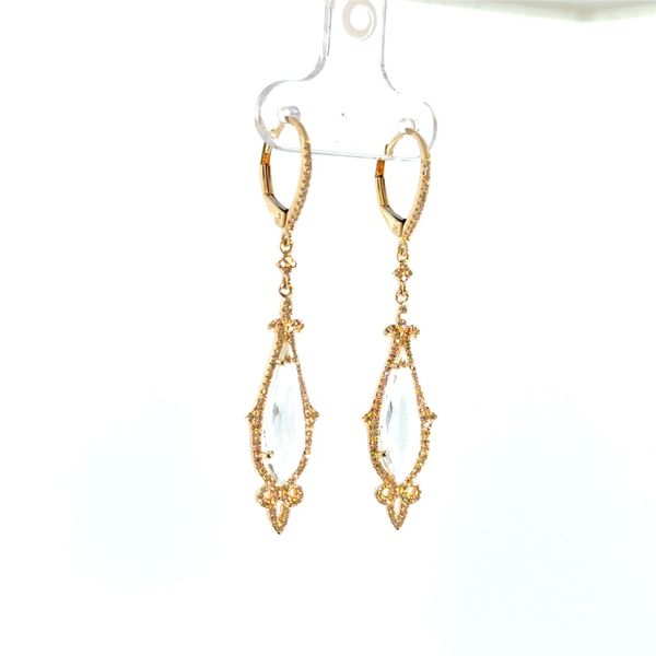 14k YG 5.41CTTW 5.06CTTW White Topaz Elongated Pear & 0.35CTTW Dia Halo Fancy Dangle Earrings Image 2 Vaughan's Jewelry Edenton, NC