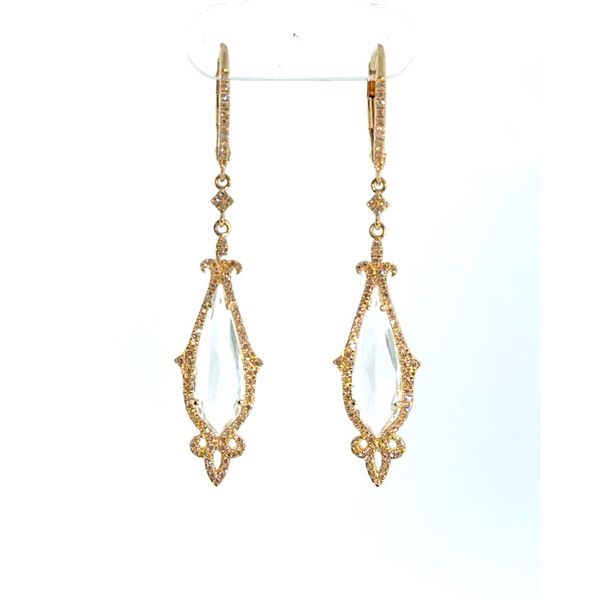 14k YG 5.41CTTW 5.06CTTW White Topaz Elongated Pear & 0.35CTTW Dia Halo Fancy Dangle Earrings Vaughan's Jewelry Edenton, NC