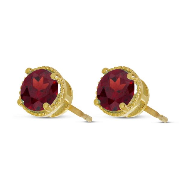 14k YG 5mm Garnet Round Milgrain Halo Stud Earrings Vaughan's Jewelry Edenton, NC