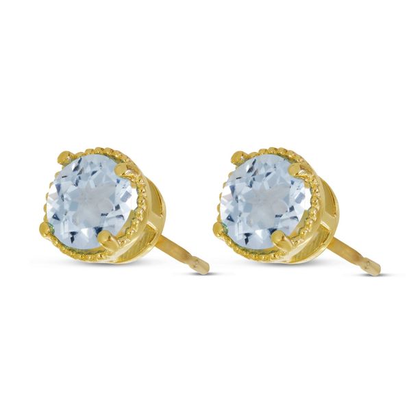 14k YG 5mm Aquamarine Round Milgrain Halo Stud Earrings Vaughan's Jewelry Edenton, NC