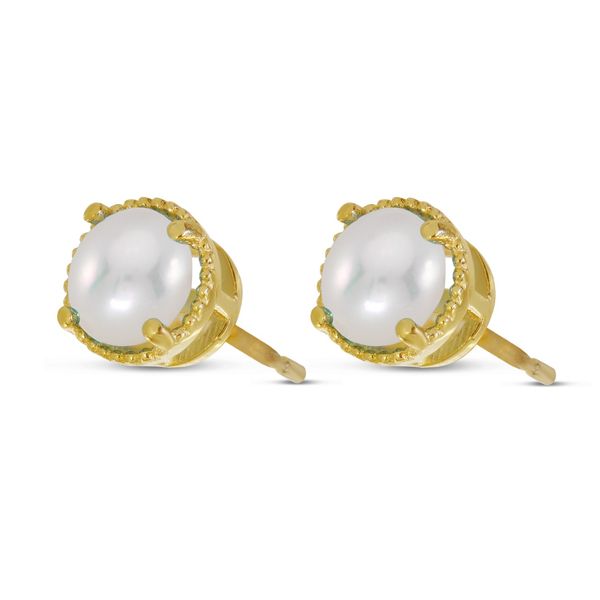 14k YG 5mm Pearl Round Milgrain Halo Stud Earrings Vaughan's Jewelry Edenton, NC