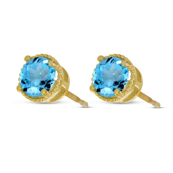14k YG 5mm Blue Topaz Round Milgrain Halo Stud Earrings Vaughan's Jewelry Edenton, NC