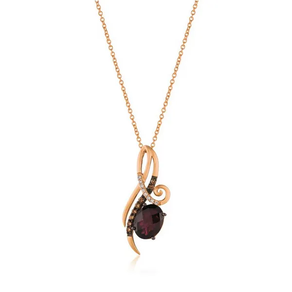 14k RG 2.03CTTW 1.90CT Raspberry Rhodolite & 0.13CT Vanilla and Chocolate Diamond Pendant Vaughan's Jewelry Edenton, NC