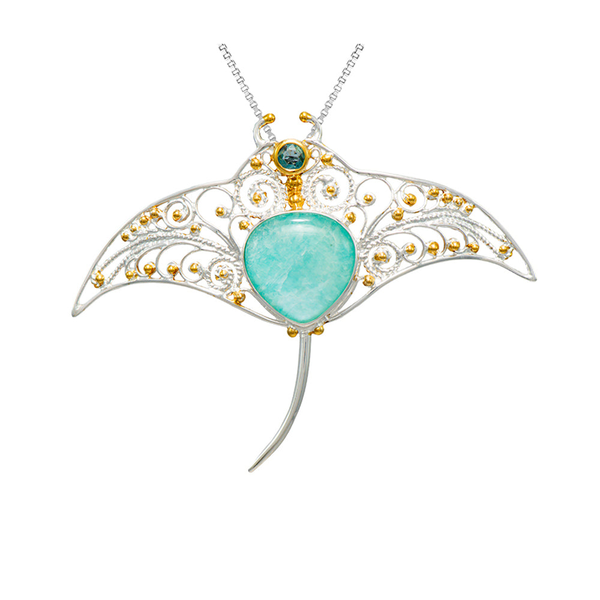 SS/22k Gold Vermeil Whispy Manta Ray with Amazonite, Crystal Quartz, MOP & Baby Blue Topaz Vaughan's Jewelry Edenton, NC
