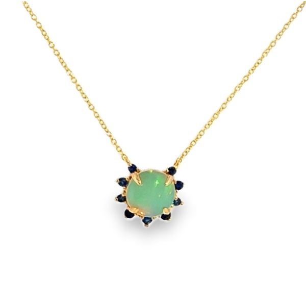14k YG 1.47CT Opal with 0.16CTTW Dia & Sapphire Halo Bubble Necklace Vaughan's Jewelry Edenton, NC