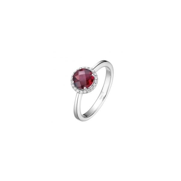 7, SS 1.05CTTW Genuine Garnet & Simulated Diamond Halo Ring (JAN) Vaughan's Jewelry Edenton, NC