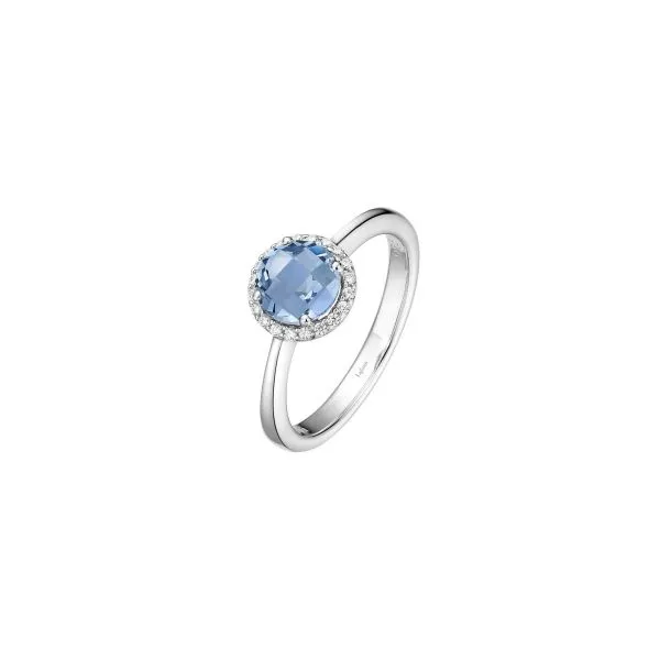 7, SS 1.05CTTW Genuine Blue Topaz & Simulated Diamond Halo Ring (Dec) Vaughan's Jewelry Edenton, NC