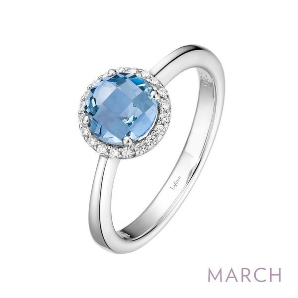 7, SS 1.05CTTW Simulated Aquamarine and Simulated Diamond Halo Ring (MARCH) Vaughan's Jewelry Edenton, NC