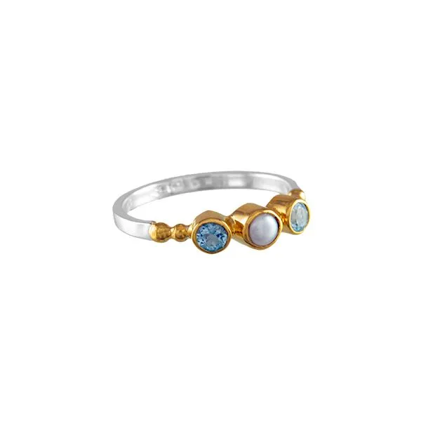 SS/22k Gold Vermeil 3 Stone Ring with Blue Topaz and Pearl Vaughan's Jewelry Edenton, NC