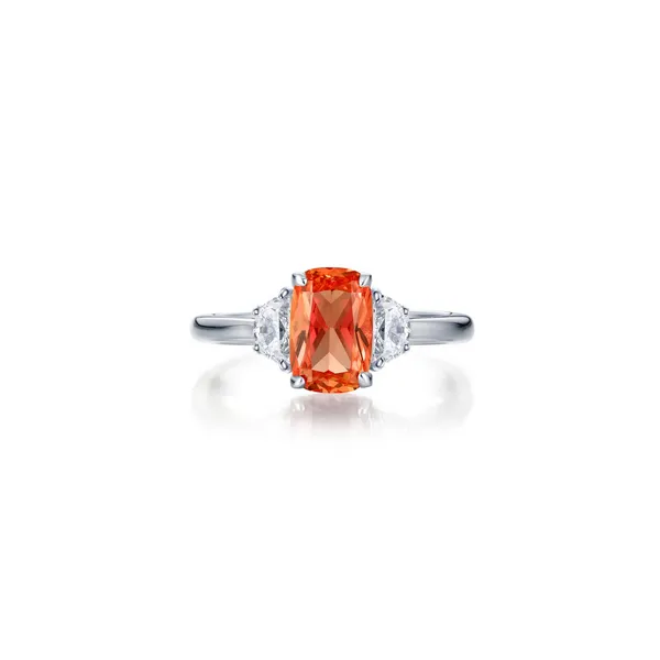 7, SS 3.58CTTW Lab Grown Padparadscha Long Cushion 3 Stone Ring Vaughan's Jewelry Edenton, NC