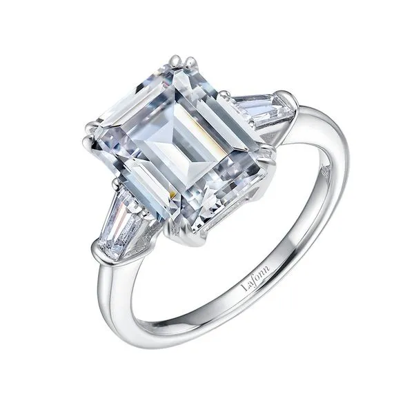7, SS 5.85CTTW Lassaire Emerald and Baguette 3 Stone Ring Vaughan's Jewelry Edenton, NC