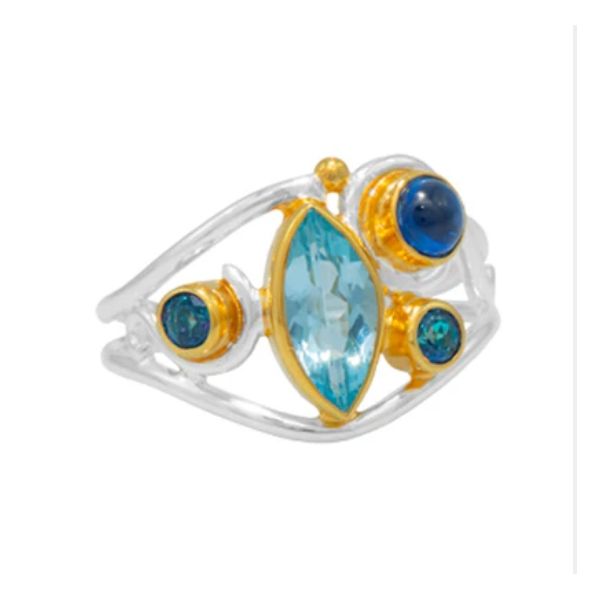 7, SS/22k Gold Vermeil Blue Mosaic Ring ew/ Blue Kyanite, Sly Blue & Trendy Solo Topaz Vaughan's Jewelry Edenton, NC