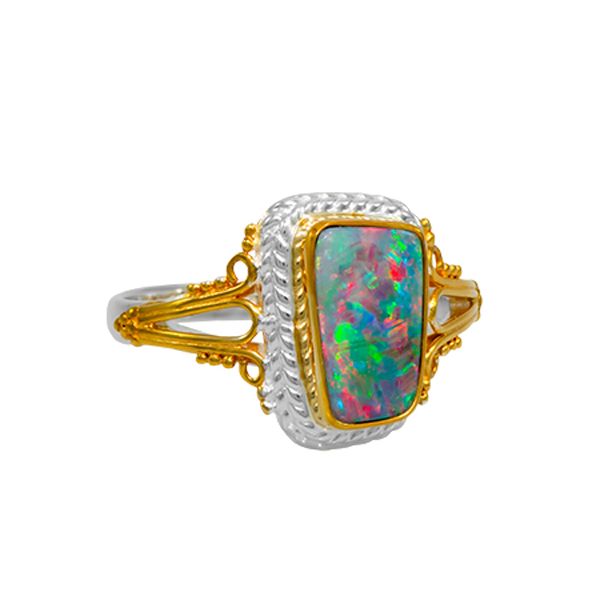OOAK 7, SS/Gold Vermeil Aurora Window Opal Doublet Ring Vaughan's Jewelry Edenton, NC