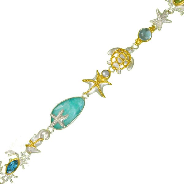 SS/22k Gold Vermeil Sea Life Link Bracelet w/ Sky Blue Topaz, Baby Blue Topaz Vaughan's Jewelry Edenton, NC
