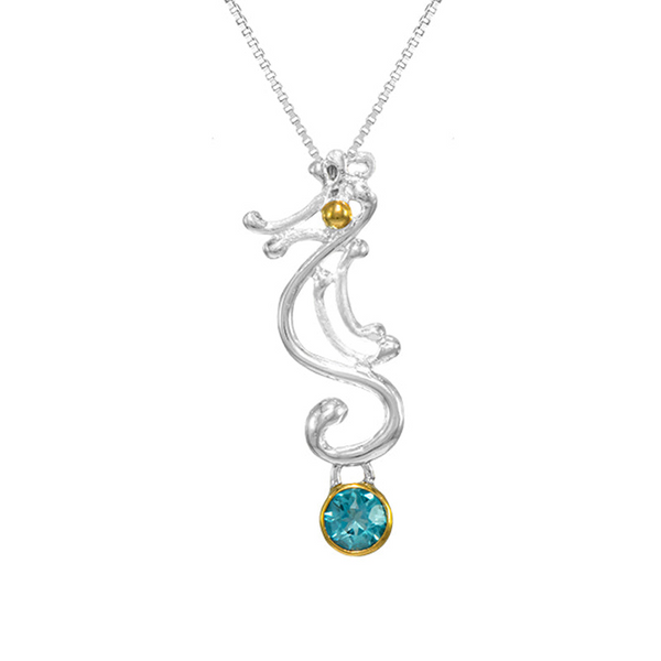 SS/22k Gold Vermeil Seahorse w/ Baby Blue Topaz Pendant Vaughan's Jewelry Edenton, NC