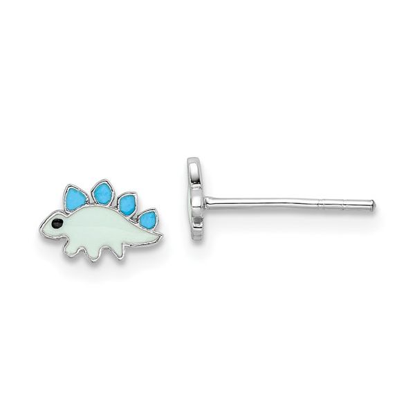SS Dinosaur Polished & Blue/Black Enamel Stud Earrings Vaughan's Jewelry Edenton, NC