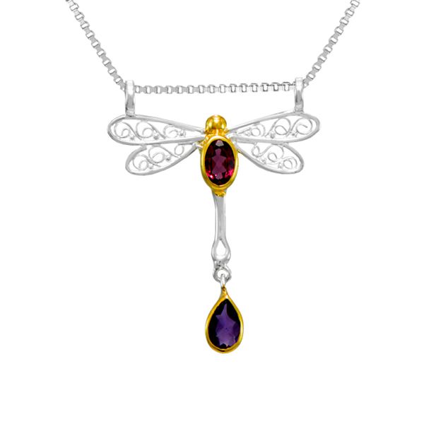 SS/22k Gold Vermeil Dragonfly African Amethyst & Rhodlite Garnet Necklace Vaughan's Jewelry Edenton, NC