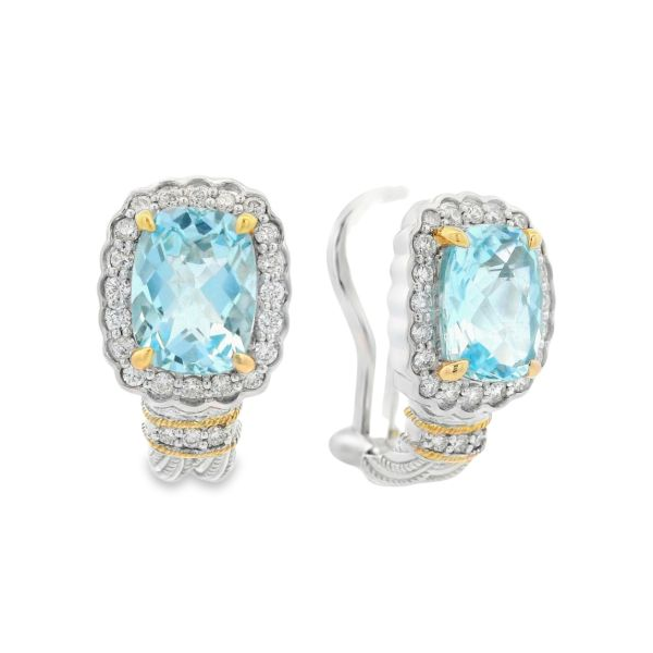 SS/14k Blue Topaz & 0.41CTTW Dia Halo Luxury Omega Back Earrings, Piyaro Vaughan's Jewelry Edenton, NC