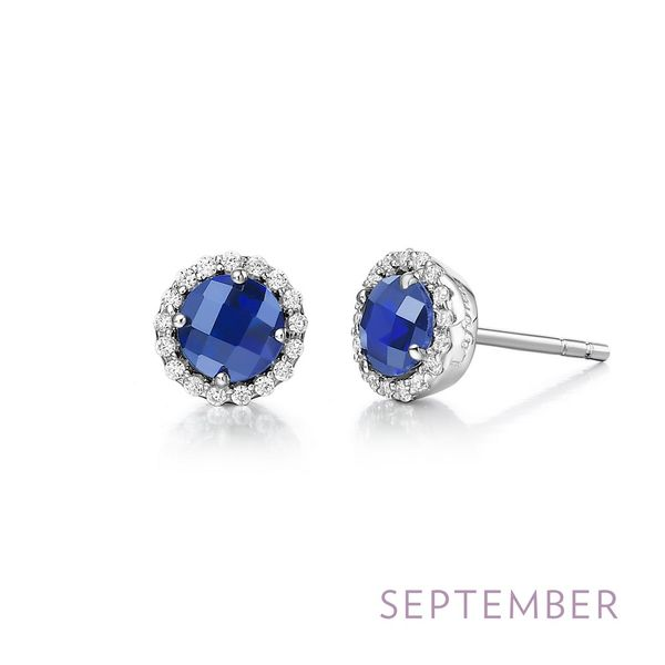 SS 1.26CTTW Lab Grown Sapphire and Simulated Diamond Halo Studs Vaughan's Jewelry Edenton, NC