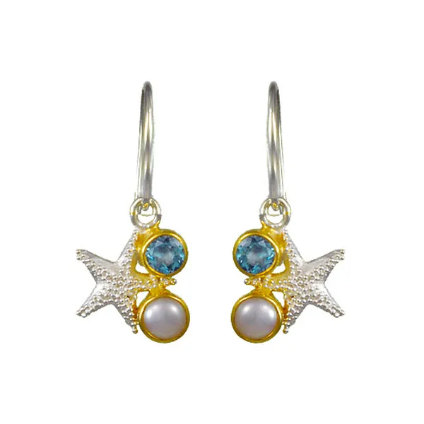 SS/22k Gold Vermeil Starfish Dangle Earrings White FWP & Baby Blue Topaz Vaughan's Jewelry Edenton, NC