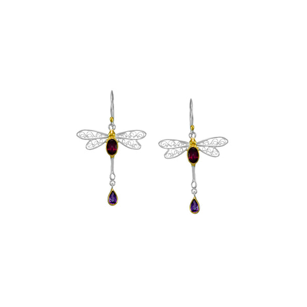 SS/22k Gold Vermeil Dragonfly Earrings African Amethyst & Rhodlite Garnet Vaughan's Jewelry Edenton, NC