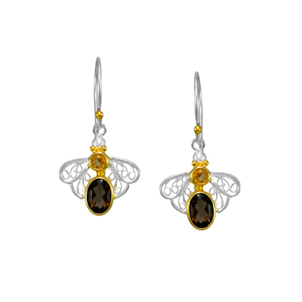 SS/22k Gold Vermeil Citrine & Smokey Quartz Bee Dangle Earrings Vaughan's Jewelry Edenton, NC
