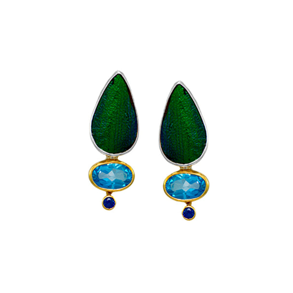 SS/22k Gold Vermeil Beetle Wing Baby Blue Topaz, Black MOP & Sapphire Drop Earrings Vaughan's Jewelry Edenton, NC