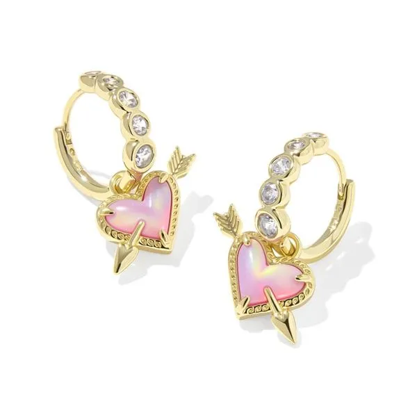 Ari Heart Arrow Huggie Earrings - Gold/Pink Opalescent Resin Vaughan's Jewelry Edenton, NC