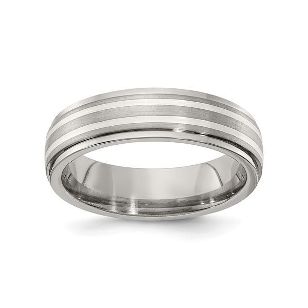 10, Gray Titanium w/ SS Double Inlay 6mm Comfort Fit Band - Edward Mirell  (MADE IN THE US) Vaughan's Jewelry Edenton, NC