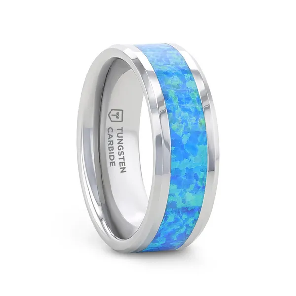 10, 8mm Sheffield Tungsten Ring w/ Blue-Green Lab-Grown Opal Inlay Vaughan's Jewelry Edenton, NC