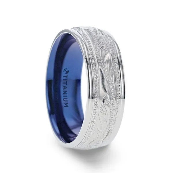 11, 8mm Mariner Titanium Milgrain Engraved Ring w/ Blue Plated Inside Vaughan's Jewelry Edenton, NC