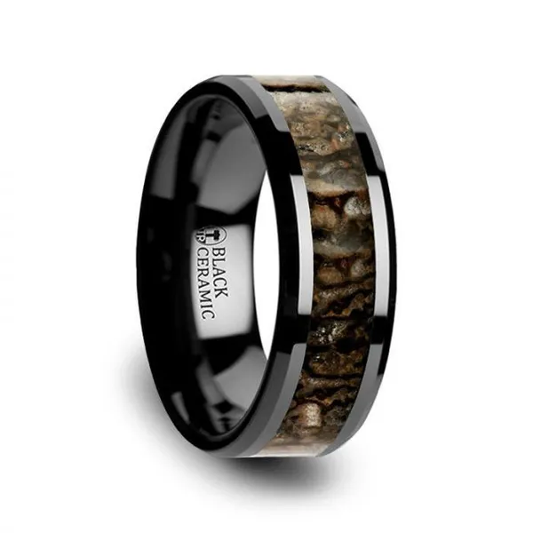 10, 8mm Silurian Ceramic Dinosaur Bone Inlaid Beveled Edge Ring Vaughan's Jewelry Edenton, NC