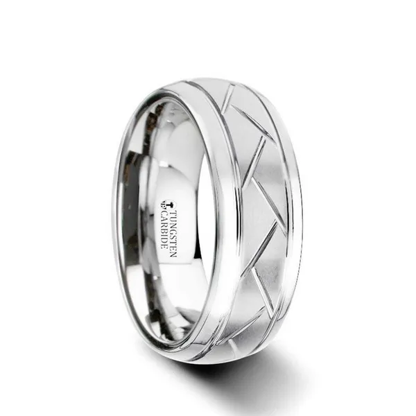 9, 8mm Octavian Tungsten w/ Brushed Crisscross Groove Pattern Vaughan's Jewelry Edenton, NC