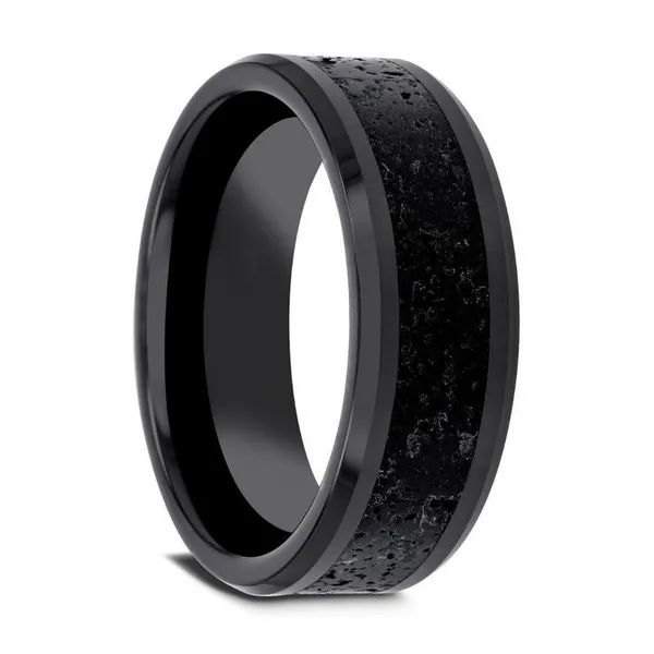 10, 8mm Vesuvius Black Ceramic Ring w/ Black & Gray Lava Rock Stone Inlay & Polished Beveled Edges Vaughan's Jewelry Edenton, NC