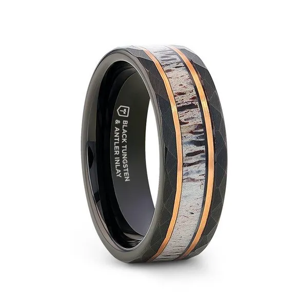 10.5, 8mm Rustic Hammered Tungsten Antler Inlay Ring w/ RGP Bands Vaughan's Jewelry Edenton, NC