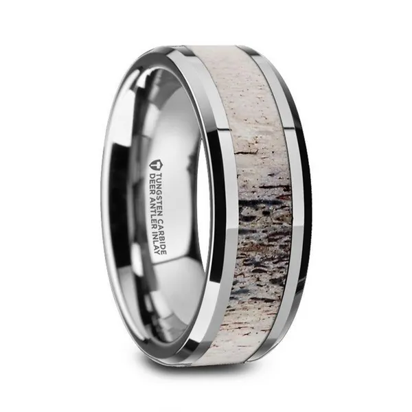 10.5, 8mm Tungsten w/ Ombre Deer Antler Inlay & Polished Beveled Edges Vaughan's Jewelry Edenton, NC