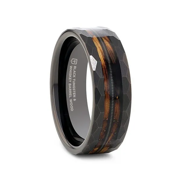10.5, 8mm Riff Tungsten Black Ring with Charred Whiskey Barrell & Guitar String Vaughan's Jewelry Edenton, NC