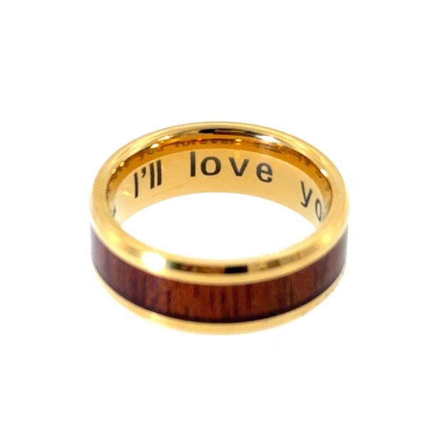 9.5, 8mm GP AZTEC Mahogany Inlaid Tungsten Carbide Ring with Polished Beveled Edges Engraved 