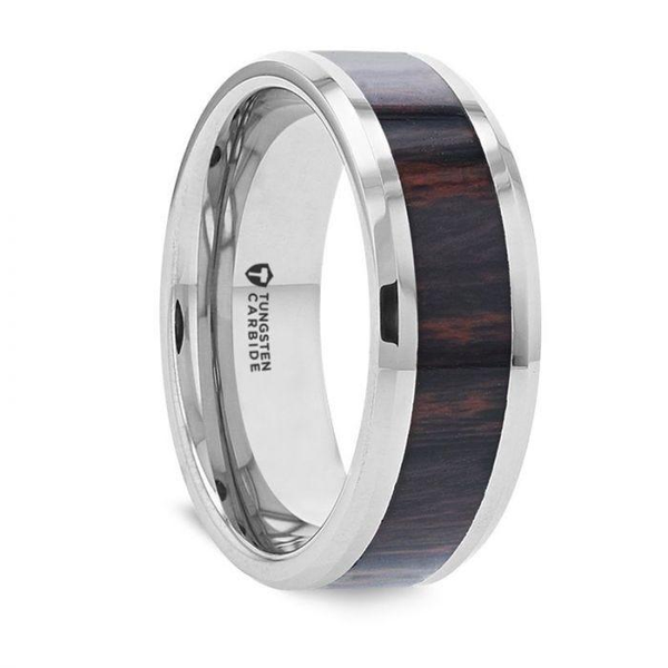 9.5, 8mm GP AZTEC Mahogany Inlaid Tungsten Carbide Ring with Polished Beveled Edges Engraved 