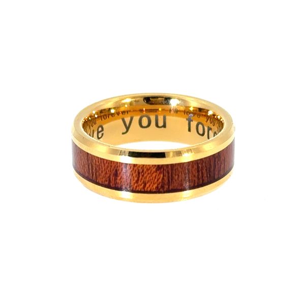 9.5, 8mm GP AZTEC Mahogany Inlaid Tungsten Carbide Ring with Polished Beveled Edges Engraved 