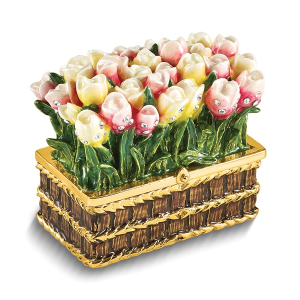 LOVELY SURPRISE Bejeweled Basket of Tulips Trinket Box with Ring Insert Vaughan's Jewelry Edenton, NC