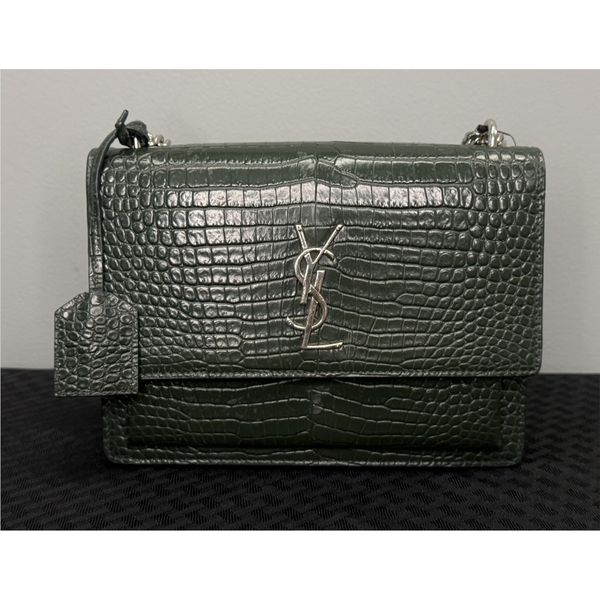 Saint Laurent Green Crocodile Embossed Sunset Shoulder Bag (Preowned, Final Sale) Vaughan's Jewelry Edenton, NC