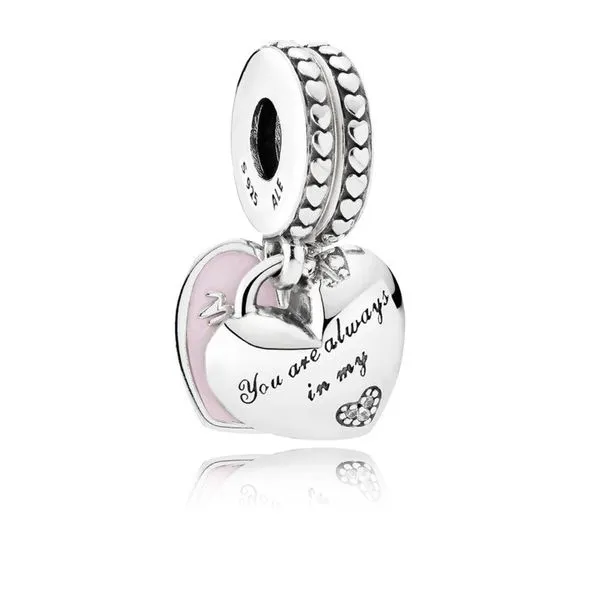 Mother & Daughter Hearts Dangle Charm, Pink Enamel & Clear CZ Vaughan's Jewelry Edenton, NC