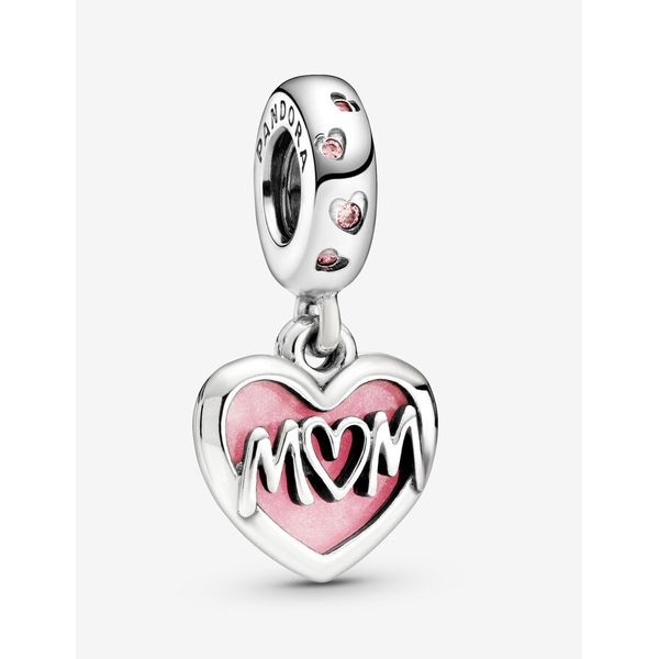 Mom Script Heart Dangle Charm, Pink Enamel & Clear CZ Vaughan's Jewelry Edenton, NC